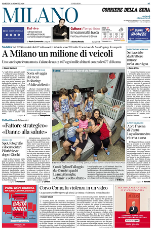 Prima pagina Corriere della Sera (Milano) di oggi - Quotidiano regionale