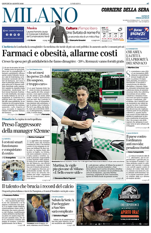 Prima pagina Corriere della Sera (Milano) di oggi - Quotidiano regionale