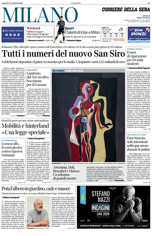 Prima pagina Corriere della Sera (Milano) di oggi - Quotidiano regionale