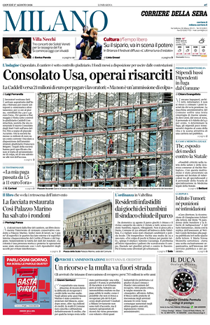 Prima pagina Corriere della Sera (Milano) di oggi - Quotidiano regionale