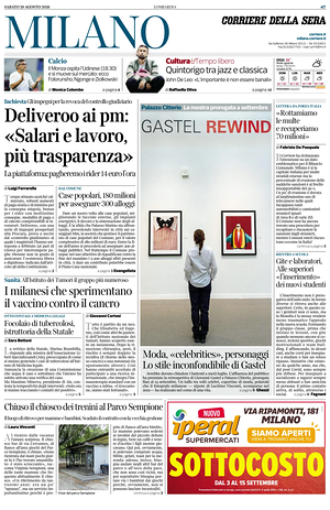 Prima pagina Corriere della Sera (Milano) di oggi - Quotidiano regionale