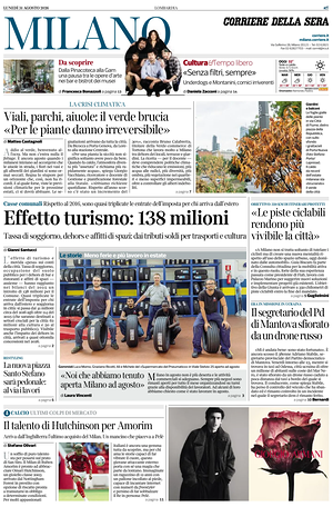 Prima pagina Corriere della Sera (Milano) di oggi - Quotidiano regionale