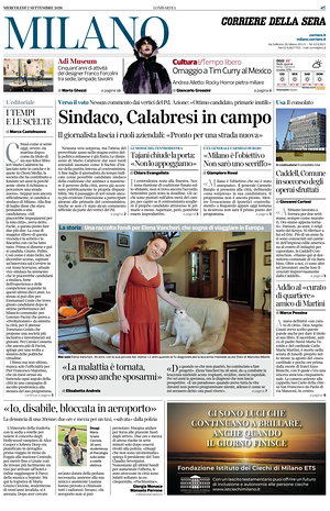 Prima pagina Corriere della Sera (Milano) di oggi - Quotidiano regionale