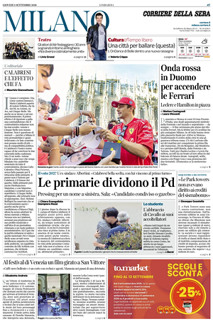 Prima pagina Corriere della Sera (Milano) di oggi - Quotidiano regionale