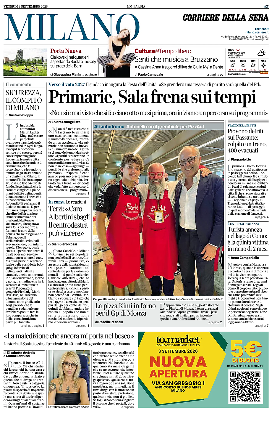 Prima pagina Corriere della Sera (Milano) di oggi - Edicola 4 Settembre 2026