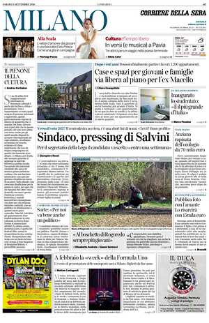 Prima pagina Corriere della Sera (Milano) di oggi - Quotidiano regionale
