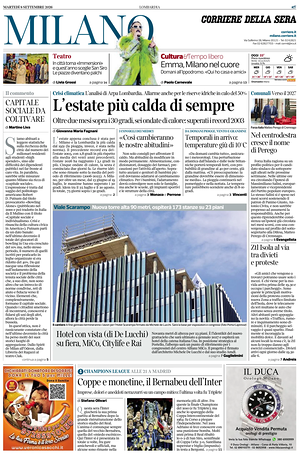 Prima pagina Corriere della Sera (Milano) di oggi - Quotidiano regionale