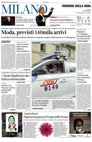 Prima pagina Corriere della Sera (Milano) di oggi - Quotidiano regionale