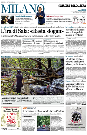Prima pagina Corriere della Sera (Milano) di oggi - Quotidiano regionale