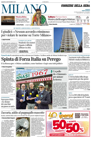 Prima pagina Corriere della Sera (Milano) di oggi - Quotidiano regionale
