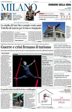 Prima pagina Corriere della Sera (Milano) di oggi - Quotidiano regionale