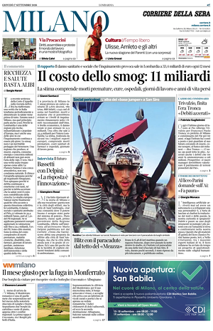 Prima pagina Corriere della Sera (Milano) di oggi - Quotidiano regionale