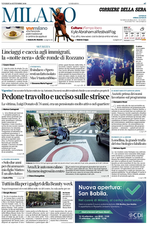 Prima pagina Corriere della Sera (Milano) di oggi - Quotidiano regionale