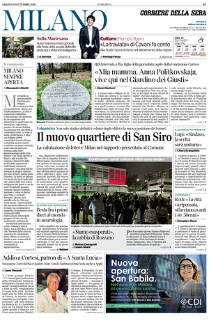 Prima pagina Corriere della Sera (Milano) di oggi - Quotidiano regionale