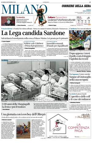 Prima pagina Corriere della Sera (Milano) di oggi - Quotidiano regionale