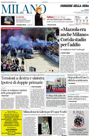 Prima pagina Corriere della Sera (Milano) di oggi - Quotidiano regionale