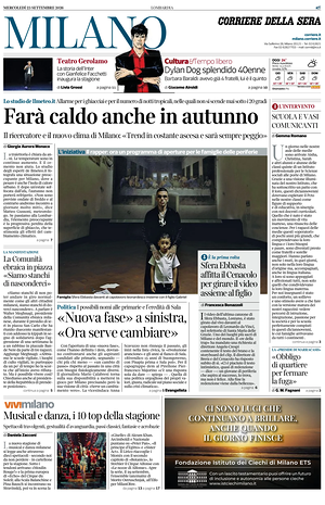 Prima pagina Corriere della Sera (Milano) di oggi - Quotidiano regionale