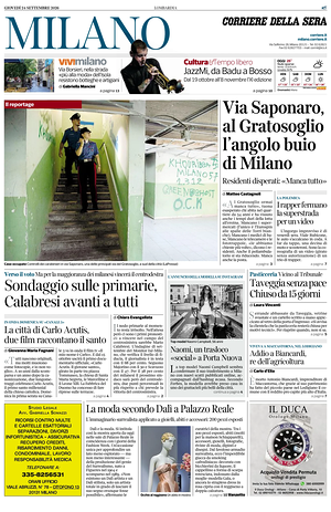 Prima pagina Corriere della Sera (Milano) di oggi - Quotidiano regionale