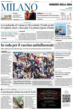 Prima pagina Corriere della Sera (Milano) di oggi - Quotidiano regionale