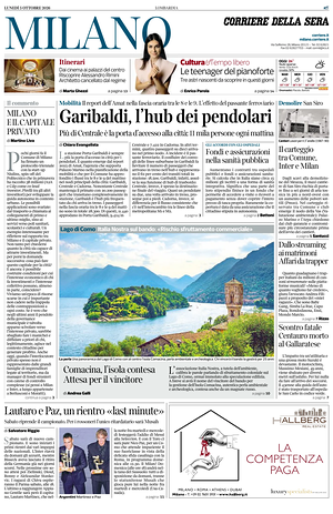Prima pagina Corriere della Sera (Milano) di oggi - Quotidiano regionale