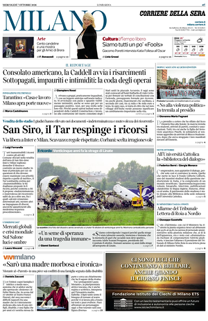 Prima pagina Corriere della Sera (Milano) di oggi - Quotidiano regionale