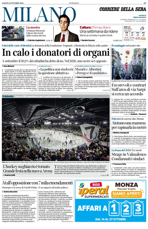 Prima pagina Corriere della Sera (Milano) di oggi - Quotidiano regionale