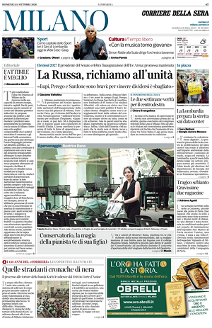 Prima pagina Corriere della Sera (Milano) di oggi - Quotidiano regionale
