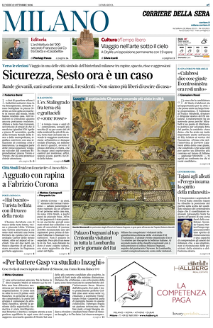 Prima pagina Corriere della Sera (Milano) di oggi - Quotidiano regionale