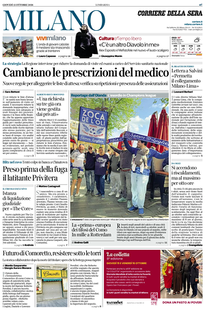 Prima pagina Corriere della Sera (Milano) di oggi - Quotidiano regionale