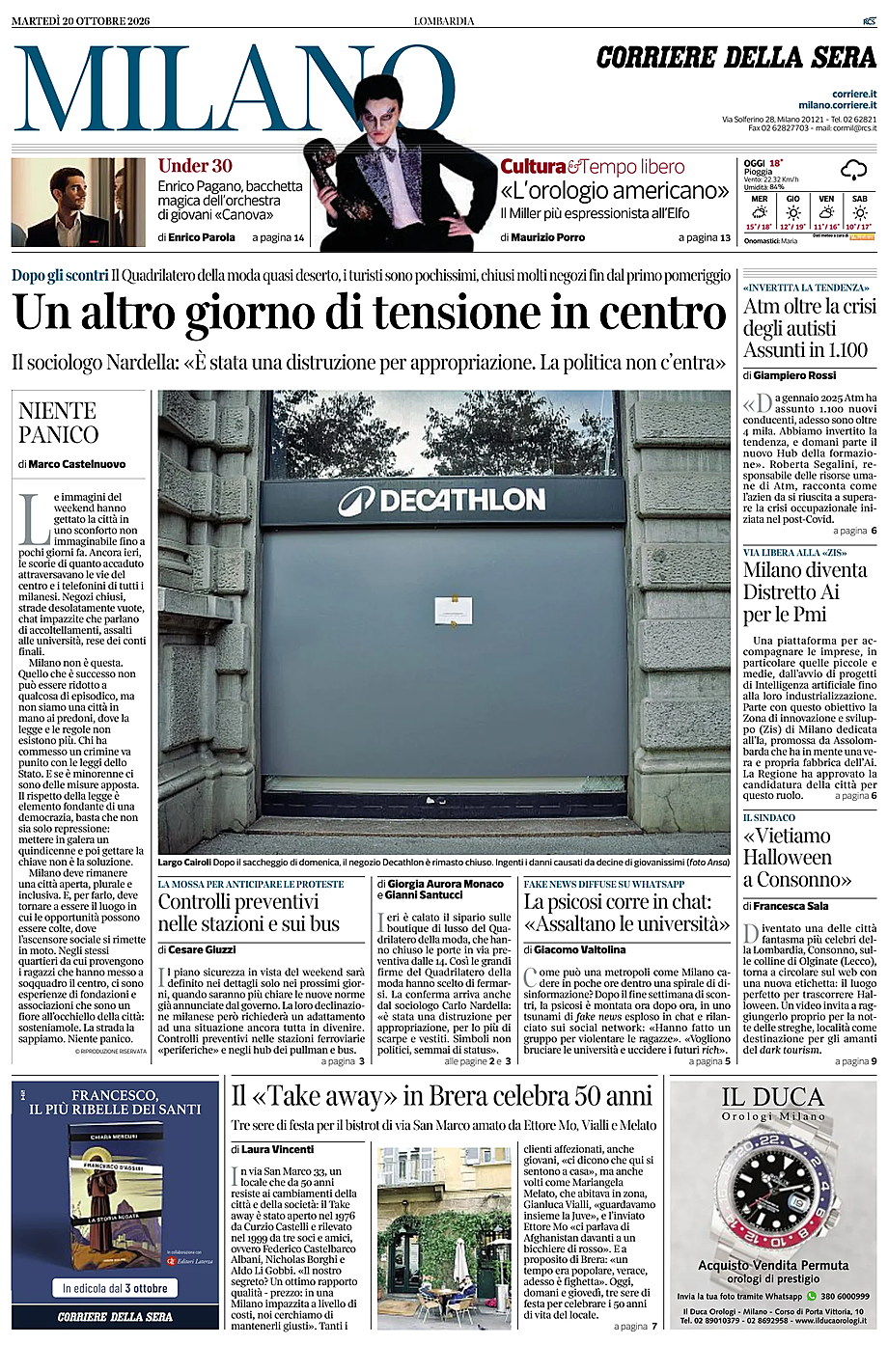 Prima pagina Corriere della Sera (Milano) di oggi - Edicola 20 Ottobre 2026