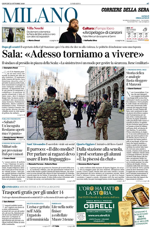 Prima pagina Corriere della Sera (Milano) di oggi - Quotidiano regionale