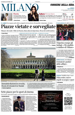 Prima pagina Corriere della Sera (Milano) di oggi - Quotidiano regionale