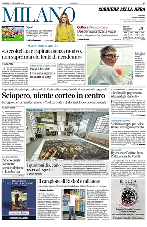 Prima pagina Corriere della Sera (Milano) di oggi - Quotidiano regionale