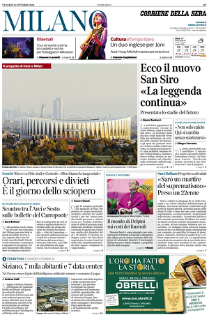 Prima pagina Corriere della Sera (Milano) di oggi - Quotidiano regionale