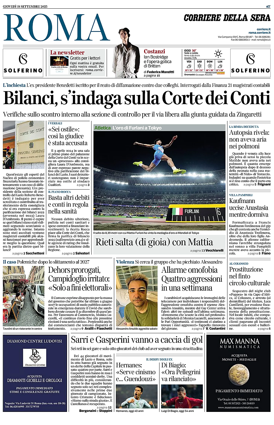 Prima pagina Corriere della Sera (Roma) di oggi - Edicola 18 Settembre 2025