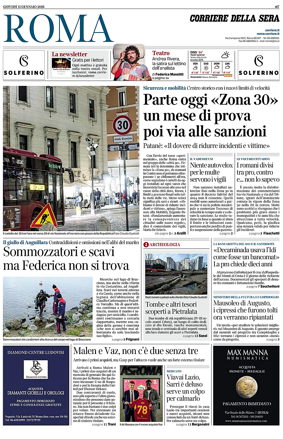 Prima pagina Corriere della Sera (Roma) di oggi - Edicola 15 Gennaio 2026
