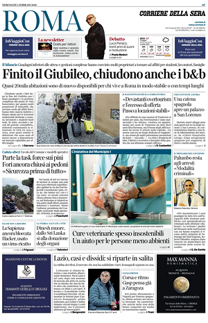 Prima pagina Corriere della Sera (Roma) di oggi - Quotidiano regionale