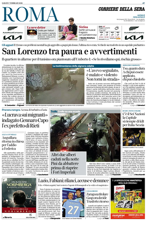 Prima pagina Corriere della Sera (Roma) di oggi - Quotidiano regionale