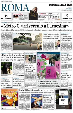 Prima pagina Corriere della Sera (Roma) di oggi - Quotidiano regionale