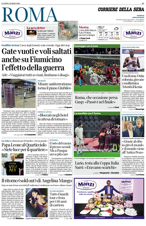 Prima pagina Corriere della Sera (Roma) di oggi - Quotidiano regionale