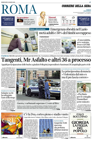 Prima pagina Corriere della Sera (Roma) di oggi - Quotidiano regionale