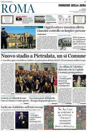 Prima pagina Corriere della Sera (Roma) di oggi - Quotidiano regionale