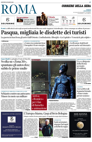 Prima pagina Corriere della Sera (Roma) di oggi - Quotidiano regionale