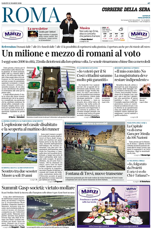 Prima pagina Corriere della Sera (Roma) di oggi - Quotidiano regionale