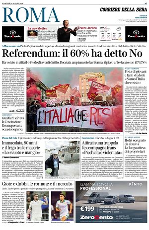 Prima pagina Corriere della Sera (Roma) di oggi - Quotidiano regionale