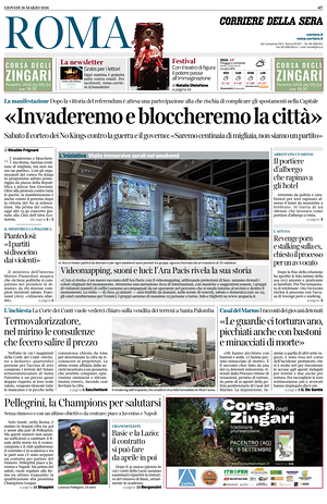Prima pagina Corriere della Sera (Roma) di oggi - Quotidiano regionale