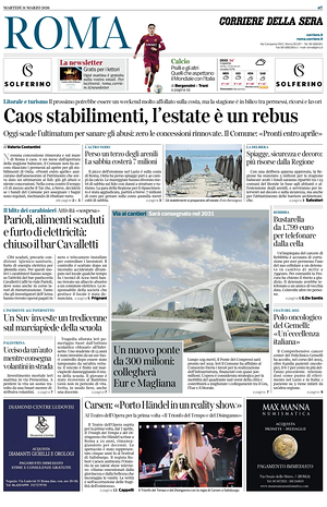 Prima pagina Corriere della Sera (Roma) di oggi - Quotidiano regionale