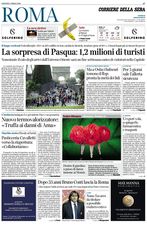 Prima pagina Corriere della Sera (Roma) di oggi - Quotidiano regionale