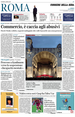 Prima pagina Corriere della Sera (Roma) di oggi - Quotidiano regionale