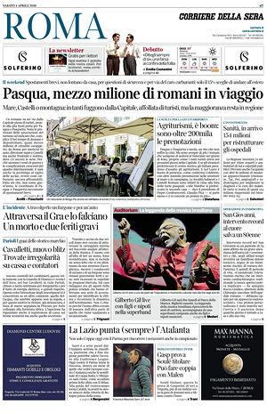 Prima pagina Corriere della Sera (Roma) di oggi - Quotidiano regionale